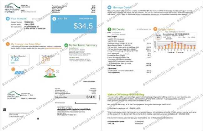 USA Vermont Green Mountain Power utility bill, Word and PDF template, 2 pages